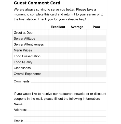 5 Restaurant Comment Card Templates - formats, Examples in Word Excel