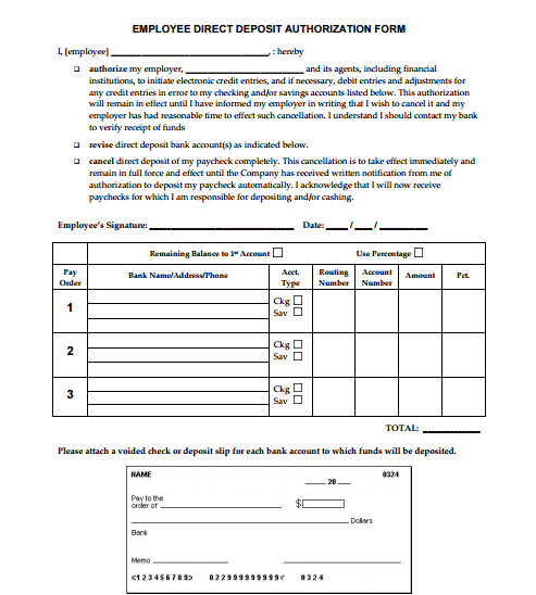 Generic Direct Deposit Form Template 2461