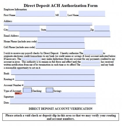 Generic Direct Deposit Form Template 57941