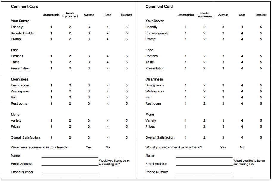 Restaurant Comment Card Template 1641