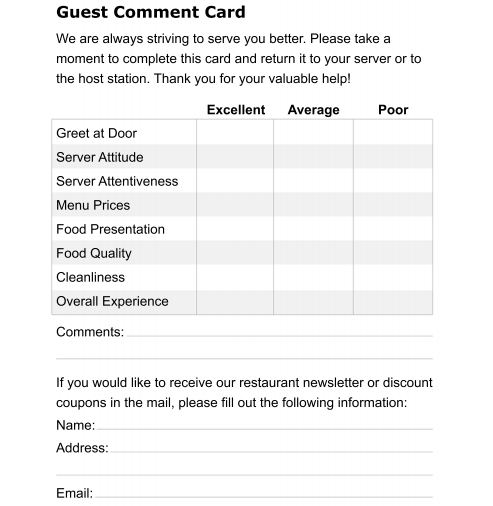 Restaurant Comment Card Template 5974