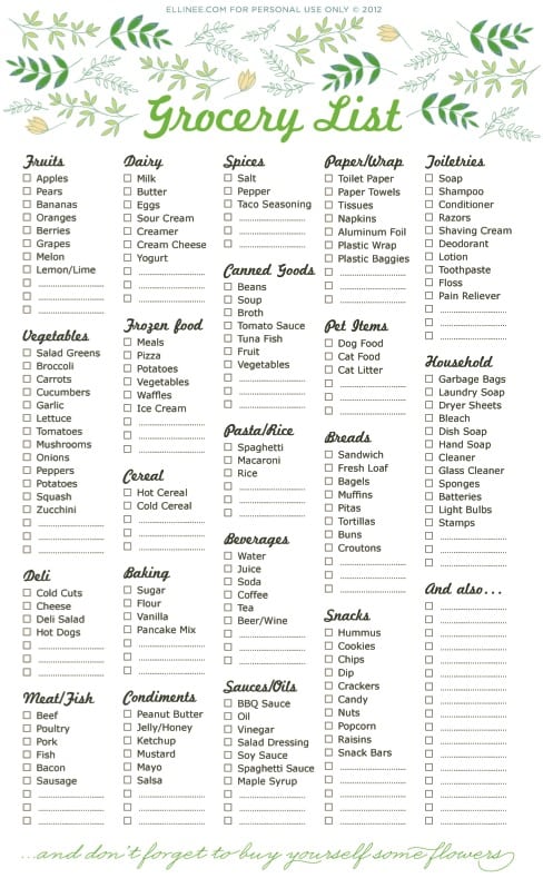 grocery list template 57410