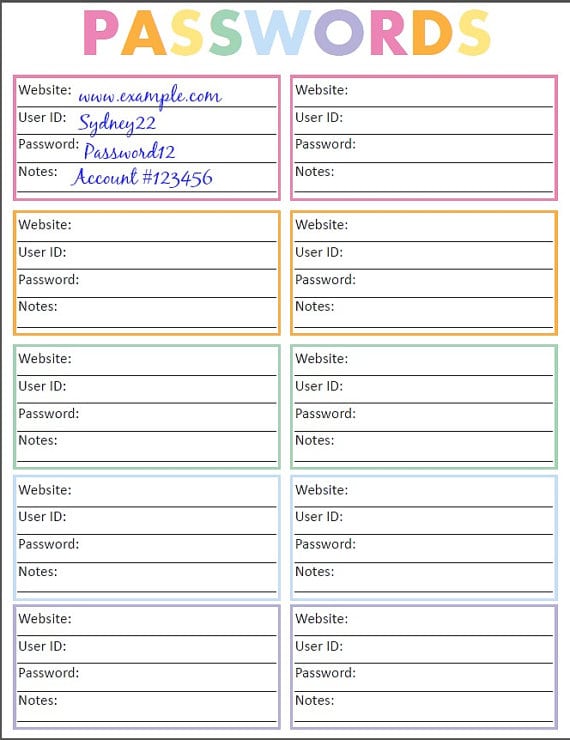 Free Printable Password List For Half Page