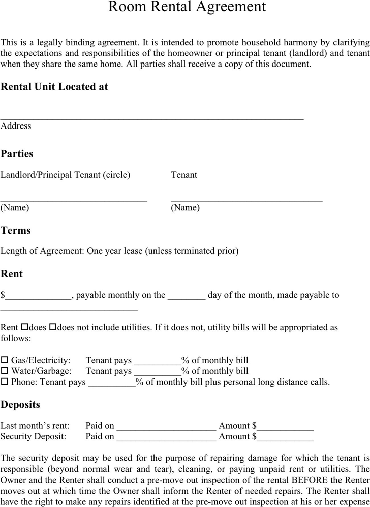 Free Printable Room Rental Agreement Uk
