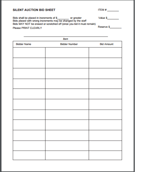 silent auction bid sheet template 29741