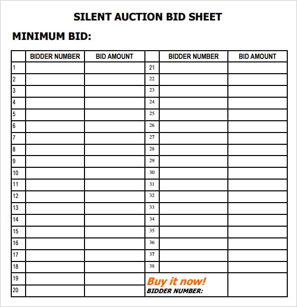 silent auction bid sheet template 3491