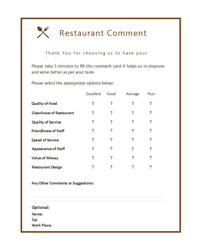 9 Restaurant Comment Card Templates Free Sample Templates