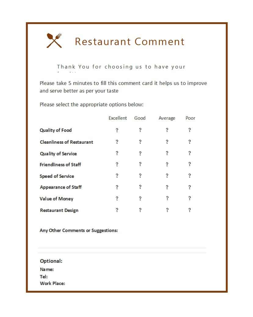 Restaurant Comments Card Template from www.freesampletemplates.com