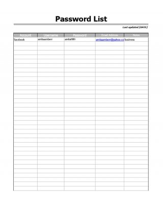 7+ Free Password List Templates (Cheat List) - Free Sample Templates