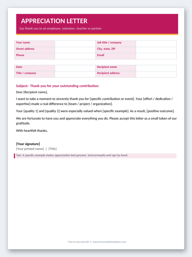 Appreciation Letter Word template preview