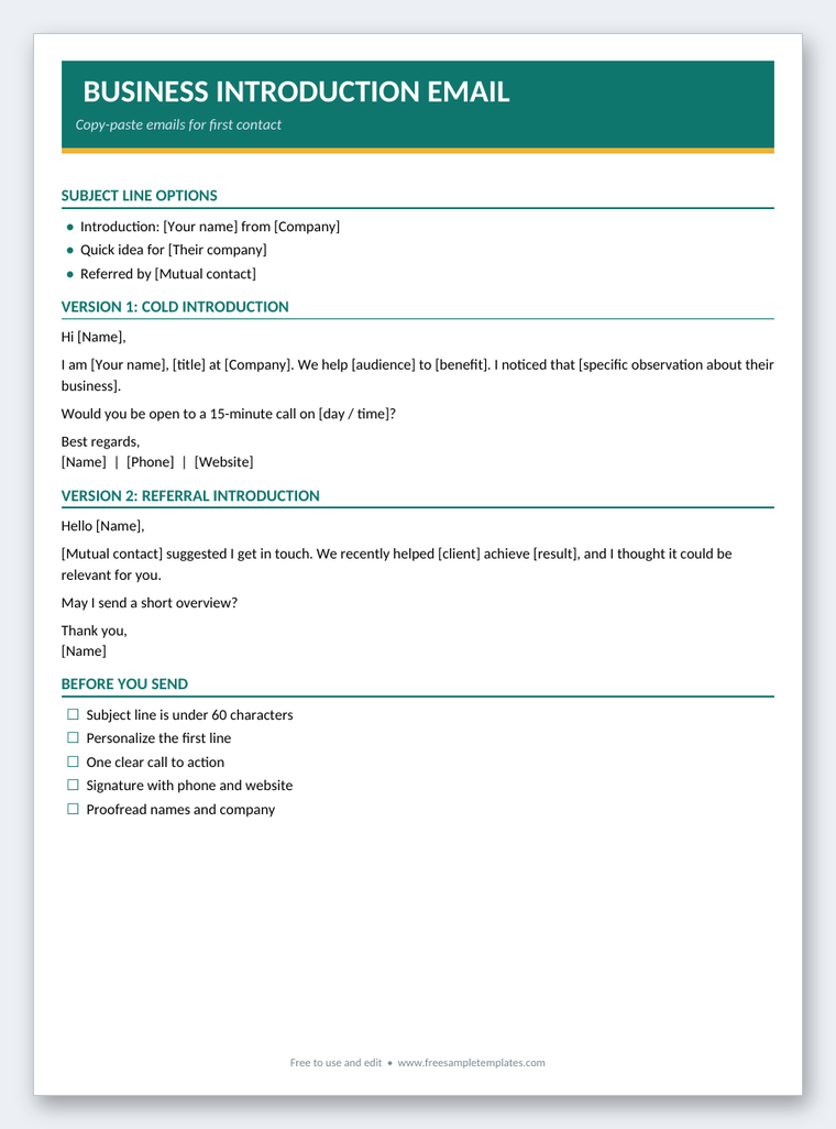 Business Introduction Email Word template preview