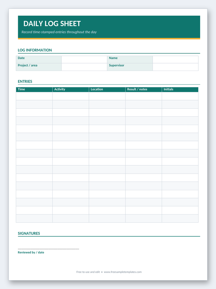 Daily Log Sheet Word template preview