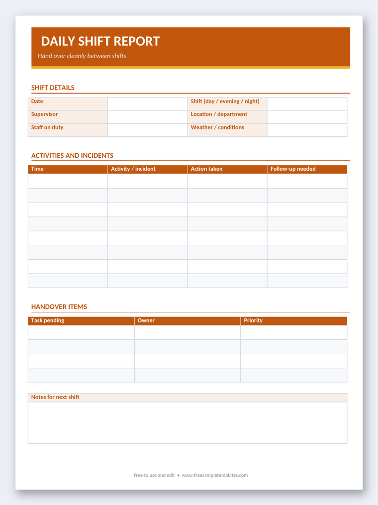 Daily Shift Report Word template preview