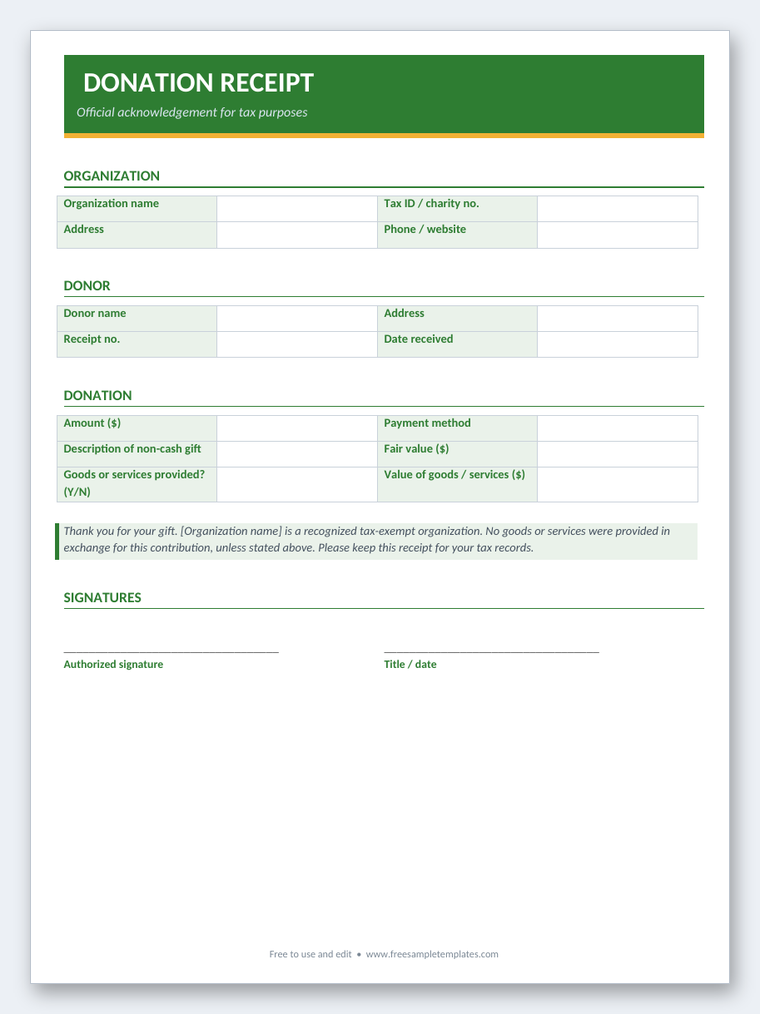 Donation Receipt Word template preview