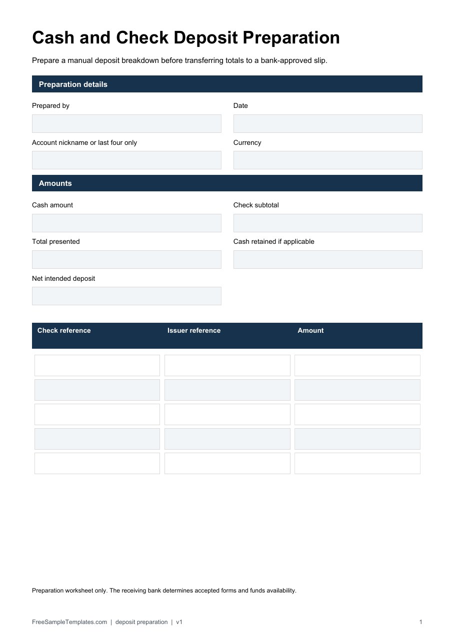 Cash and Check Deposit Preparation template preview
