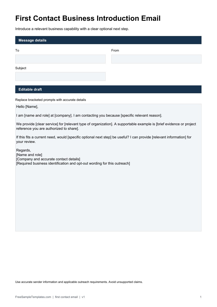 First Contact Business Introduction Email template preview