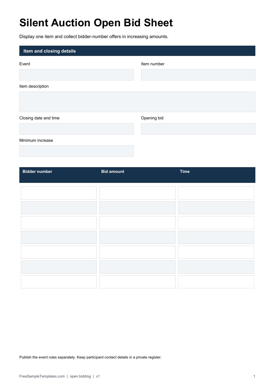 Silent Auction Open Bid Sheet template preview
