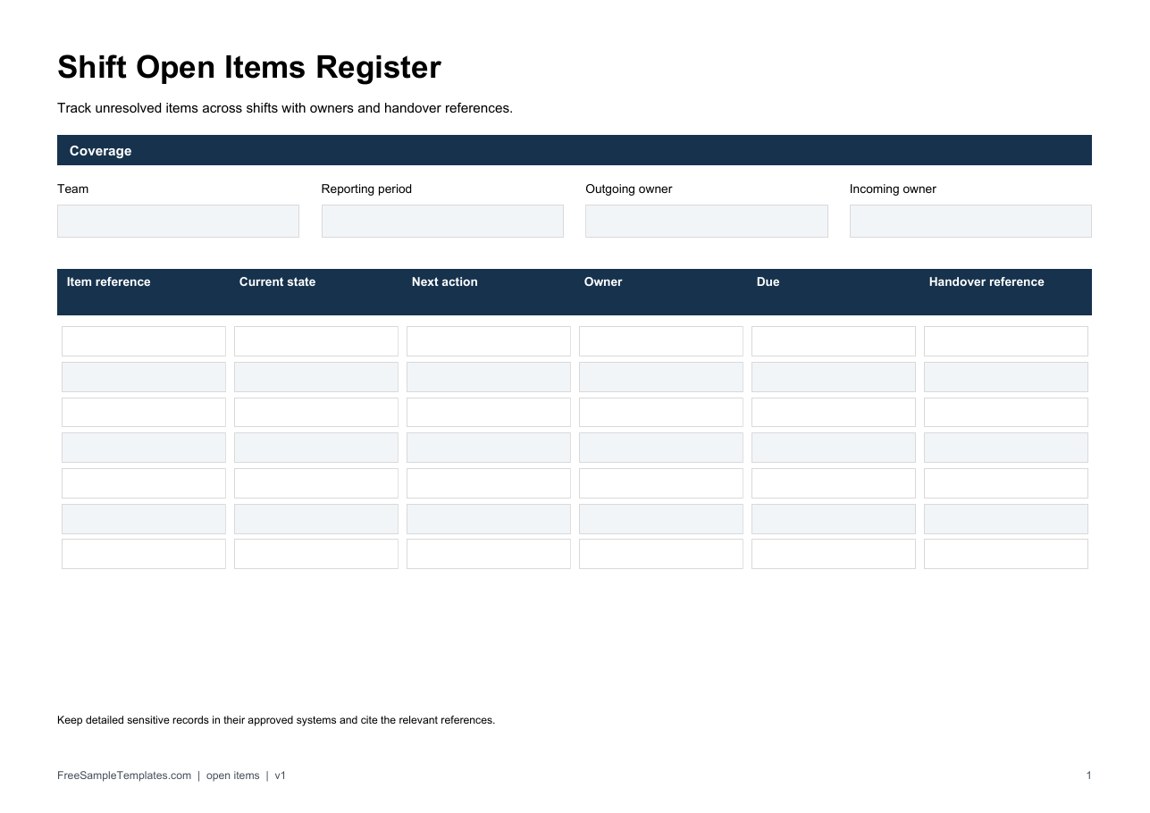 Shift Open Items Register template preview