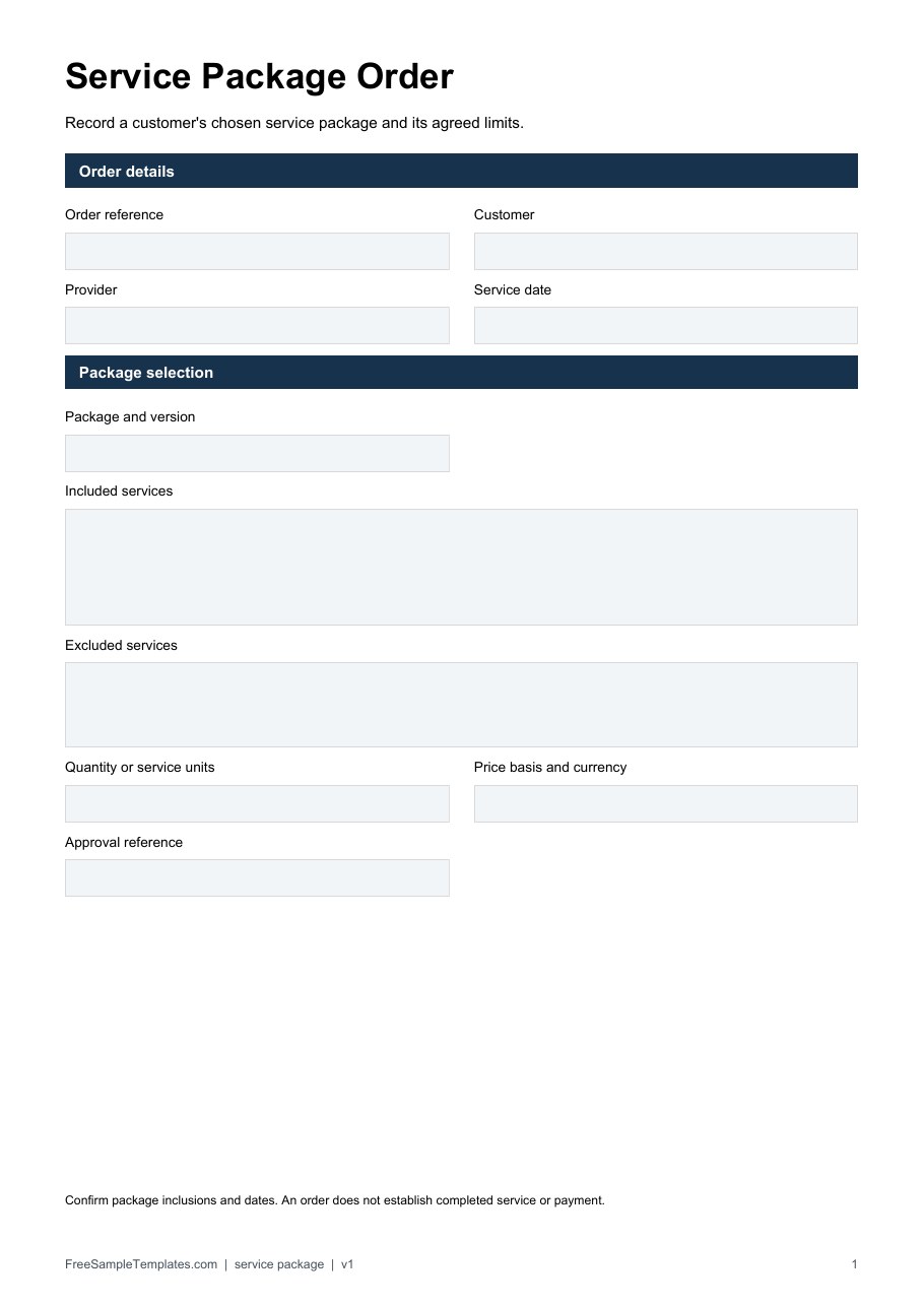 Service Package Order template preview