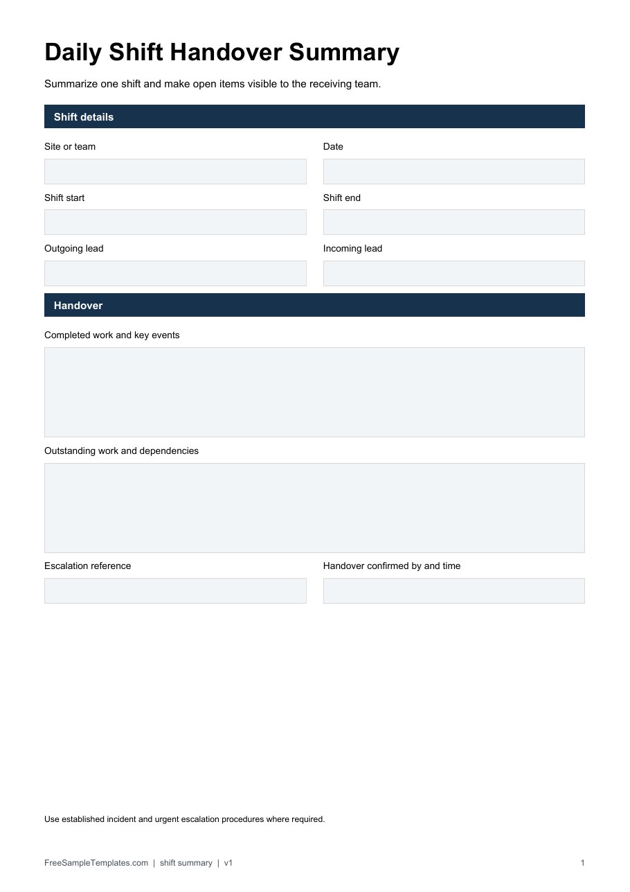 Daily Shift Handover Summary template preview