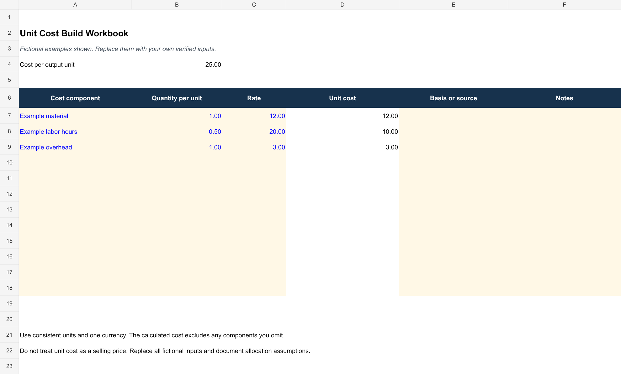 Unit Cost Build Workbook template preview