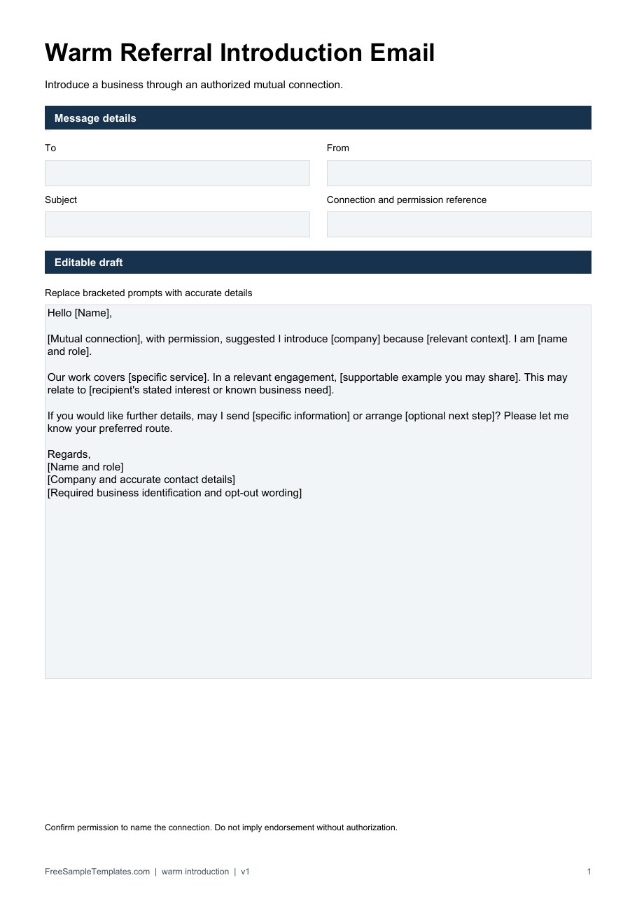Warm Referral Introduction Email template preview